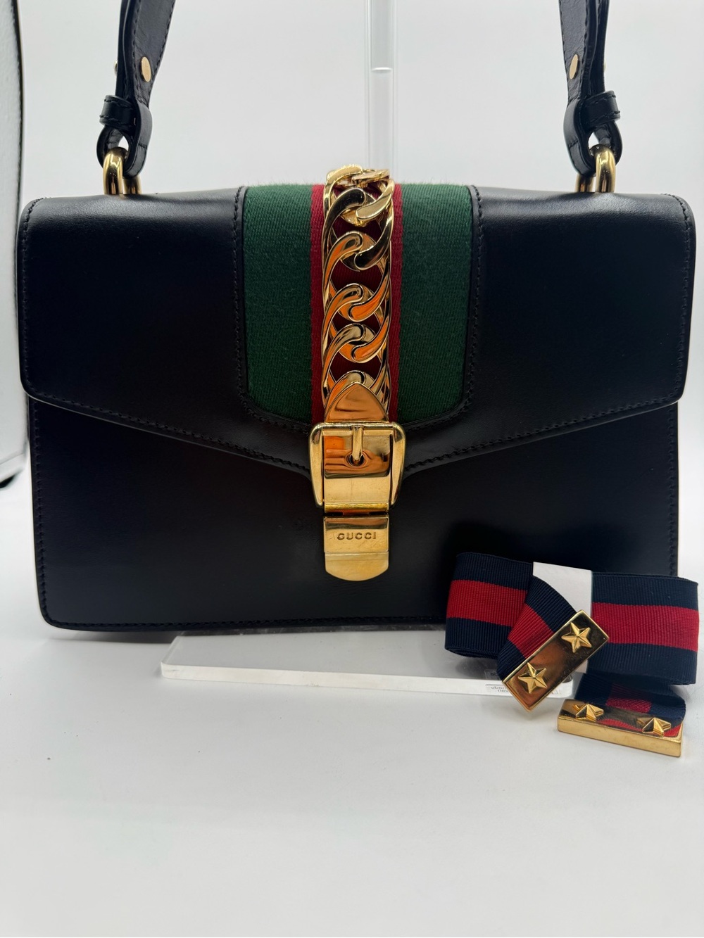 GUCCI SYLVIE MEDIUM SHOULDER BAG BLACK LEATHER GOLD CHAIN WEB 2 STRAPS